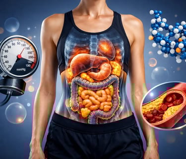 Slender person with X-ray view showing hidden visceral fat and key health metrics