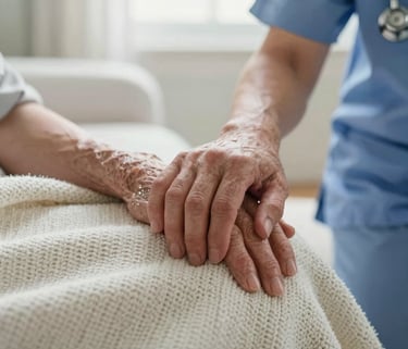 North American / US setting. A detailed close-up of a caregiver's hand gently holding a senior resident's hand on a soft, knitted blanket. Natural, soft morning light fills the room, creating a mood of compassionate professionalism and trust. Palette colors like white-ish and soft blue-grey are visible in the fabrics.