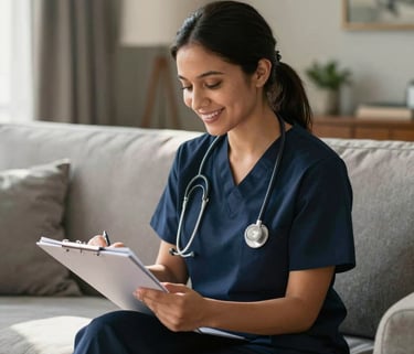 A professional North American nurse practitioner in a warm, sophisticated living room environment, smiling while reviewing care notes, natural morning light, soft mist grey and deep charcoal navy accents.