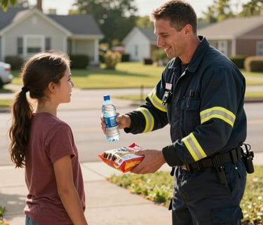 A professional emergency responder in a dark blue uniform handing a bottle of water and a meal package to a family in a North American suburban neighborhood after a storm, warm afternoon sunlight, compassionate and hopeful atmosphere.