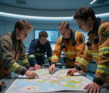 A cinematic shot of rescue professionals planning a response over a map in a high-tech command center in the North American Pacific Northwest, cool blue lighting.