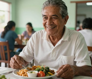 A close-up photograph of a South American / Colombian senior smiling warmly while being served a nutritious, colorful meal in a bright, clean community dining hall, soft morning light, muted green and off-white tones in the background.