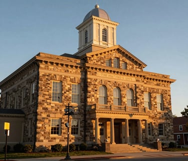 An elegant photograph of a classic stone-built community hall in the US, representing stability and legacy, during a sunset that casts a goldenrod glow across the architecture.