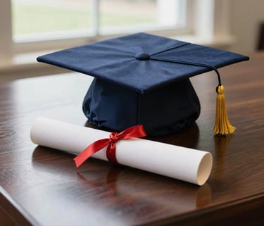 A elegant and professional photograph of a graduation diploma and cap on a dark wood table, bright natural light from a window in a North American setting, Navy and Gold accents.