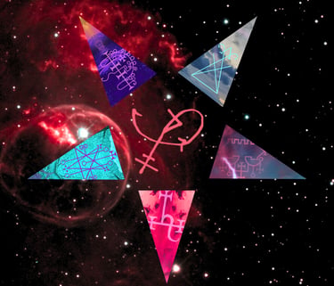 Occult pentagram design with Demon sigils over a deep space nebula background.