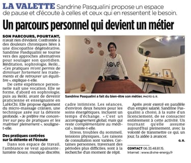 Coupure de presse de Var-Matin présentant Sandrine Pasqualini, thérapeute chez Divine Energy à La Va