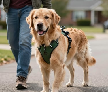 A focused Golden Retriever wearing a professional green service harness walking alongside a person in North American casual attire on a sunny residential street in Indiana, soft afternoon lighting, high quality photography.