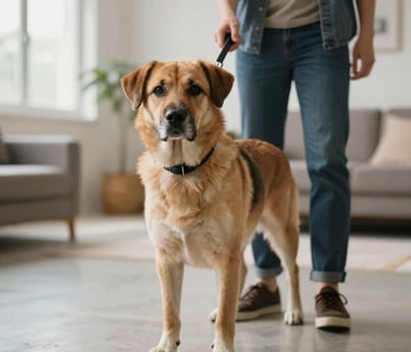 A heartwarming photography shot of a trained service dog guiding a person through a bright, modern North American interior space with confidence.