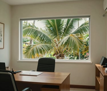A professional and warm interior office in the Caribbean / Anglophone Caribbean, featuring a large window with lush tropical palm leaves visible outside. The room is decorated in light sage and off-white tones, with clean wooden furniture and a calm, empathetic atmosphere.
