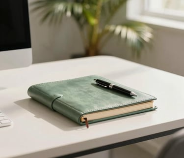 A clean, modern Caribbean office desk with a leather-bound journal and a pen, soft morning light filtered through tropical palms in the background, professional and calm atmosphere using a palette of sage green and off-white.