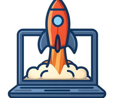 Stylized illustration of a rocket ship blasting off from a laptop screen, symbolizing rapid digital growth and technological advancement.