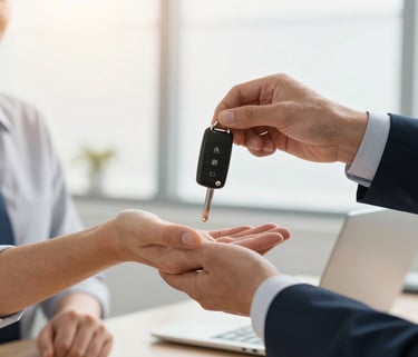 A clean, modern close-up of a person's hand receiving car keys from an insurance agent in a bright North American office setting. The lighting is warm and professional, conveying trust and reliability.