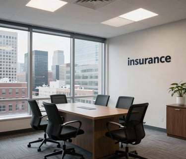 A wide shot of a clean, modern insurance consultation room in a North American city office, with large windows overlooking a city skyline.