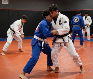 A dynamic shot of Brazilian teenagers practicing Jiu-Jitsu in a community gym, wearing white and blue gis, with vibrant orange training mats. Professional photography, high contrast lighting, modern dark aesthetic.