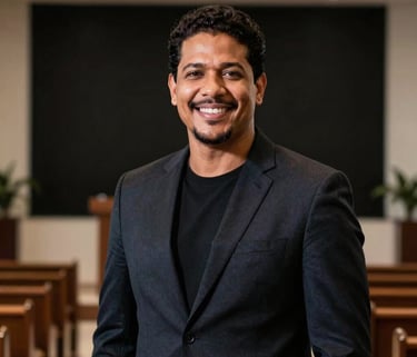 A professional portrait of a Brazilian man in his late 30s with a warm and confident expression, wearing a tailored dark blazer, standing in a modern church environment in Rio de Janeiro with soft, professional stage lighting and a black background.