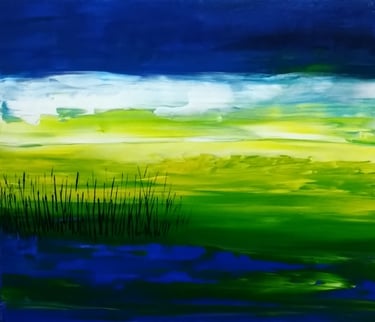 a painting of a landscape with a green field