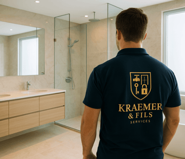 a man in a blue shirt and a white tub tub in a bathroom