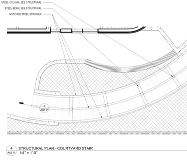 An architectural drawing of a curving stair