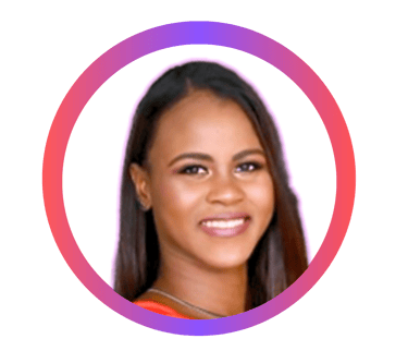 a woman with a pink shirt and a purple background