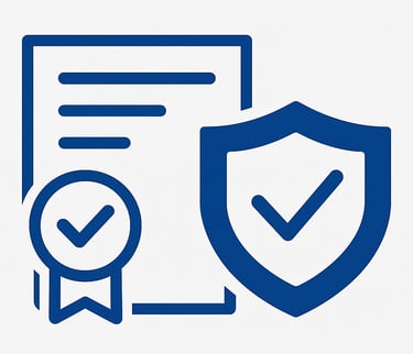 Certified and insured icon with checkmarks and shield, showing Piscus Pools as a trusted, licensed pool service provider 