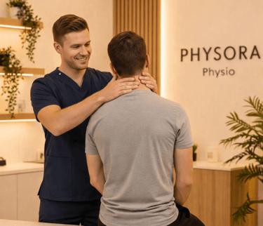 Neck pain physiotherapy treatment using hands-on therapy and guided exercises