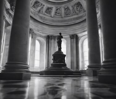 Black and white image of a statue inside a monument