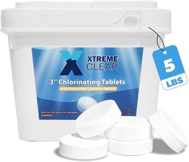 A 5lb bucket of Xtreme Clear 3-inch slow dissolving chlorinating tablets for swimming pool sanitization.