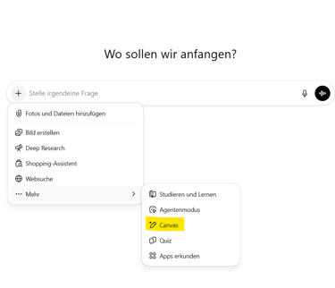 ChatGPT-Übersicht 2026: Eingabefeld mit Canvas-Option im Menü und Seitenleiste für KI-Projekte