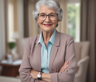 Portrait of Fatima M., Director of Prestige Care Services, smiling warmly in a professional setting.