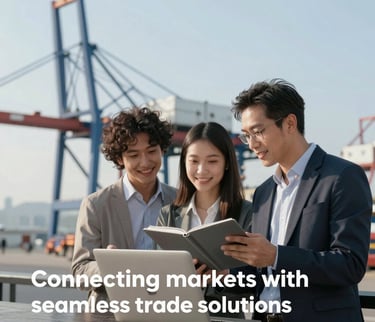 A world map highlighting key international trade routes with glowing connection lines.