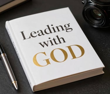 Dignified book cover of 'Leading With GOD' with elegant gold and charcoal typography, resting on a dark table next to a fountain pen