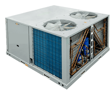 Industrial rooftop HVAC unit showing interior components, large cooling fans and copper coils