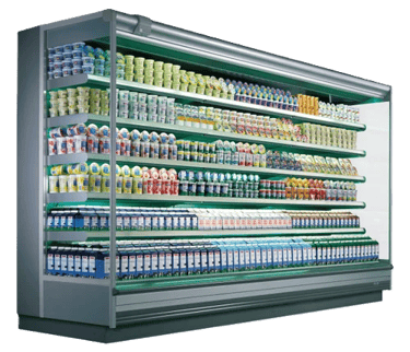 Multi-deck open display chiller stocked with drinks products.