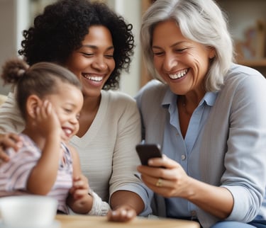 A family enjoying time together, smiling and relaxed in a comfortable environment.