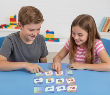 a boy and girl playing with a game of cards