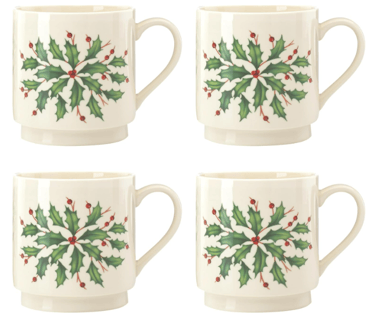 4 pcs stackable mug set in cream with Christmas garland decoration on middle