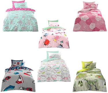 Collection of colorful kids reversible duvet cover sets featuring sloth, bug, floral, sneaker, and dinosaur patterns.