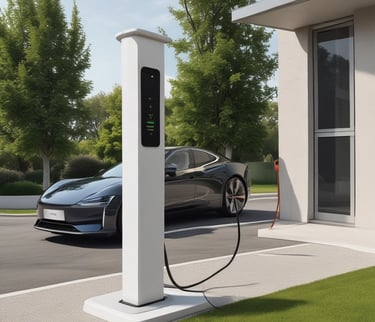 Electric car charging station installed outdoors near a modern house.