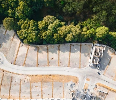 Vista aérea de una privada de lotes residenciales en Bosque Real, rodeada de naturaleza