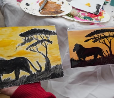 Lion Art and craft; Africa sun rise background, and acacia tree