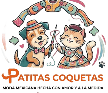 Logotipo de «Patitas Coquetas» que muestra a un perro y un gato de estilo caricatura cosiendo moda