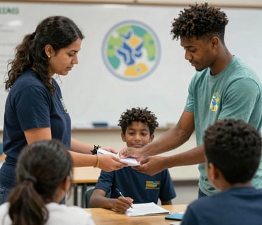 A caring mentor helping a foster youth with homework in a cozy, welcoming setting.