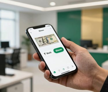 Close-up of a hand using a mobile app to convert currency, showing Pakistani Rupee and USD, in a modern, well-lit Pakistani office environment, professional corporate photography, bright office daylight, deep green and gold accents, sharp focus, editorial style, 35mm
