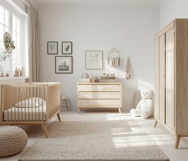sfeervolle houten babykamer met een minimalistische ledikant, commode en natuurlijke decoratie.