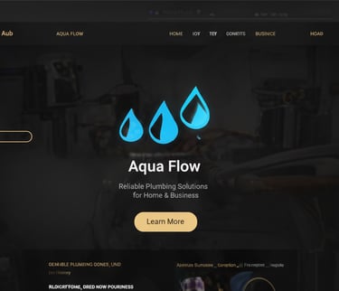 Screenshot of a plumbing business website titled 'Aqua Flow' with blue water drop icons and a dark background.
