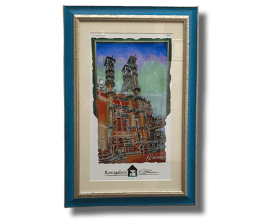 A2-Kunstdruck mit zwei Industrie-Türmen, farbigem Himmel und Leitungsnetz; Türme