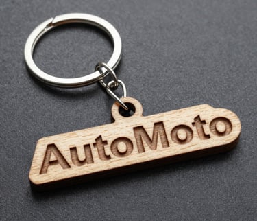 Custom engraved wooden AutoMoto keychain with a silver metal ring on a dark textured background.