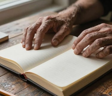 Close-up of weathered hands resting open over a worn journal on a rough wooden table, overcast morning light from a window to the left, a pencil resting in the fold, soft shadows across the pages