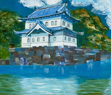 Original watercolor painting of the Imperial Palace grounds in Tokyo, with traditional architecture.