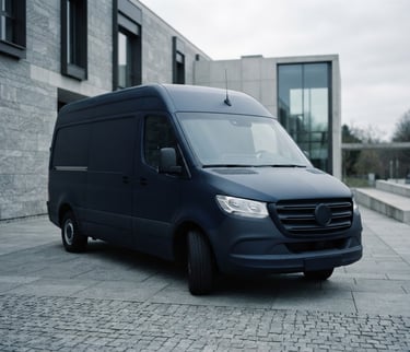 A pristine, unmarked dark transport vehicle parked outside a modern stone facility under soft overcast daylight, cool silver tones, shallow depth of field.
